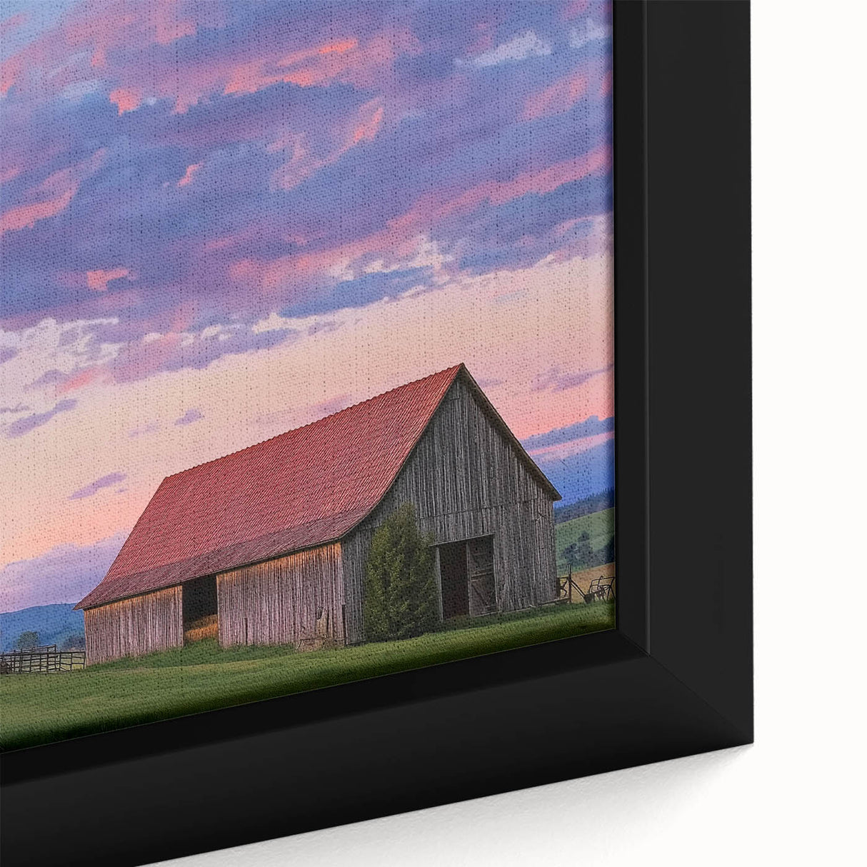 Close-up of a landscape barn framed canvas showcasing vibrant colors and intricate details, perfect for rustic home decor enthusiasts seeking unique art pieces.