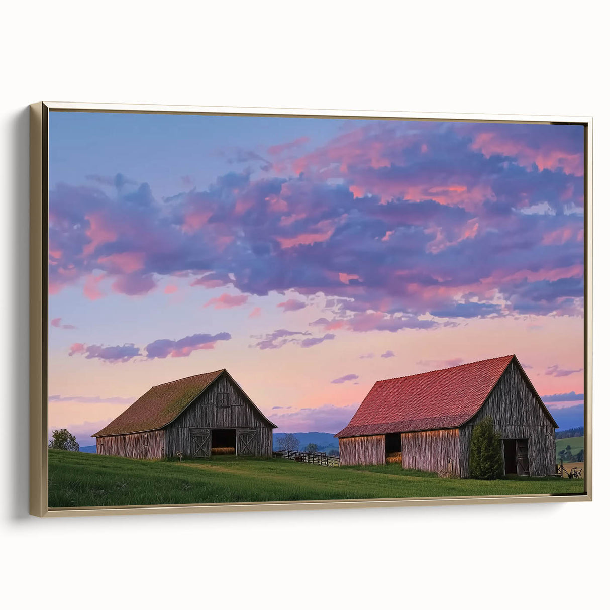 Elegant barn-themed landscape canvas print framed in gold, showcasing vibrant colors and intricate details, ideal for rustic home decor and wall art enthusiasts.