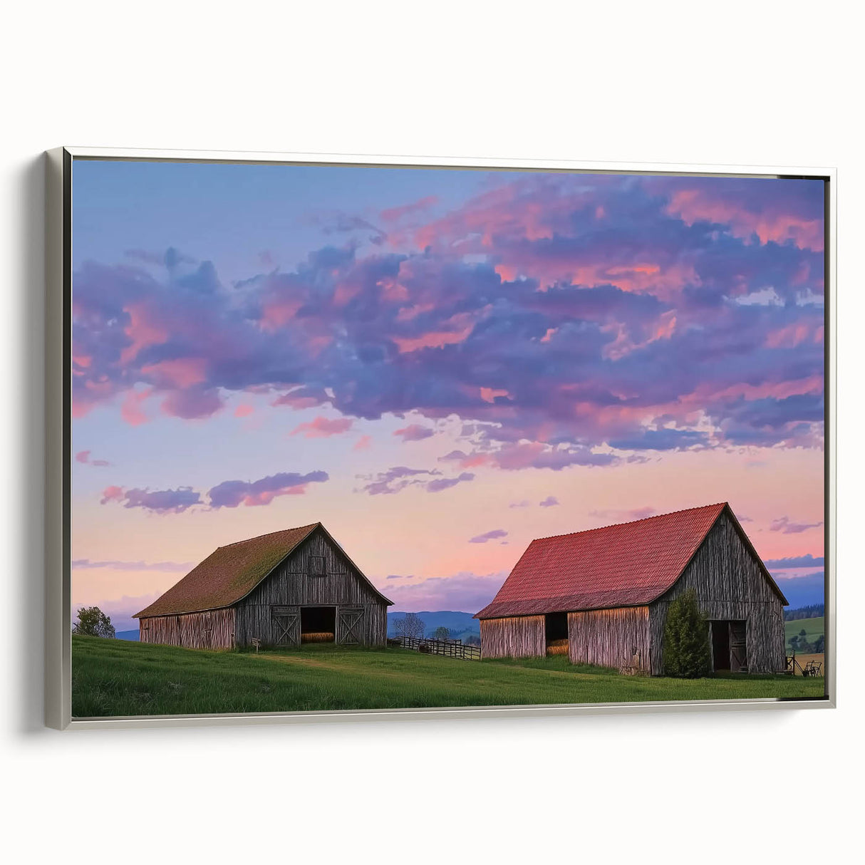 Silver-framed landscape canvas artwork showcasing a serene barn scene, elegantly displayed from a side view, ideal for rustic home decor enthusiasts seeking charm.