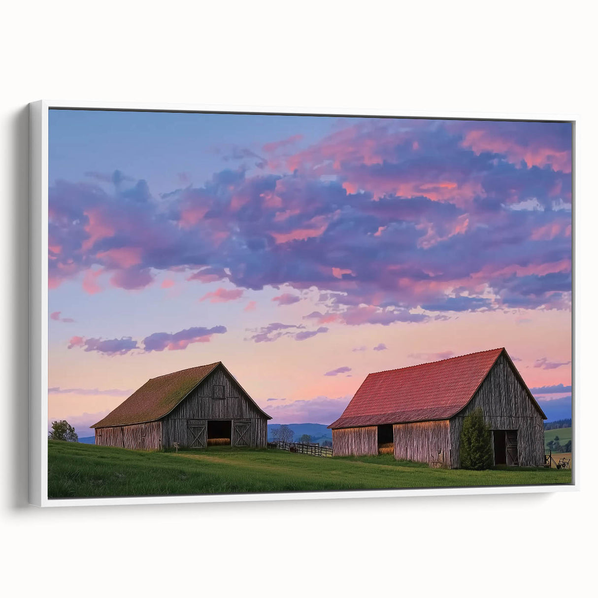 Landscape barn-themed canvas print framed in white, showcasing a rustic design with warm earthy tones, perfect for enhancing home decor aesthetics.