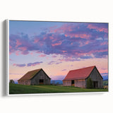 Landscape barn-themed canvas print framed in white, showcasing a rustic design with warm earthy tones, perfect for enhancing home decor aesthetics.