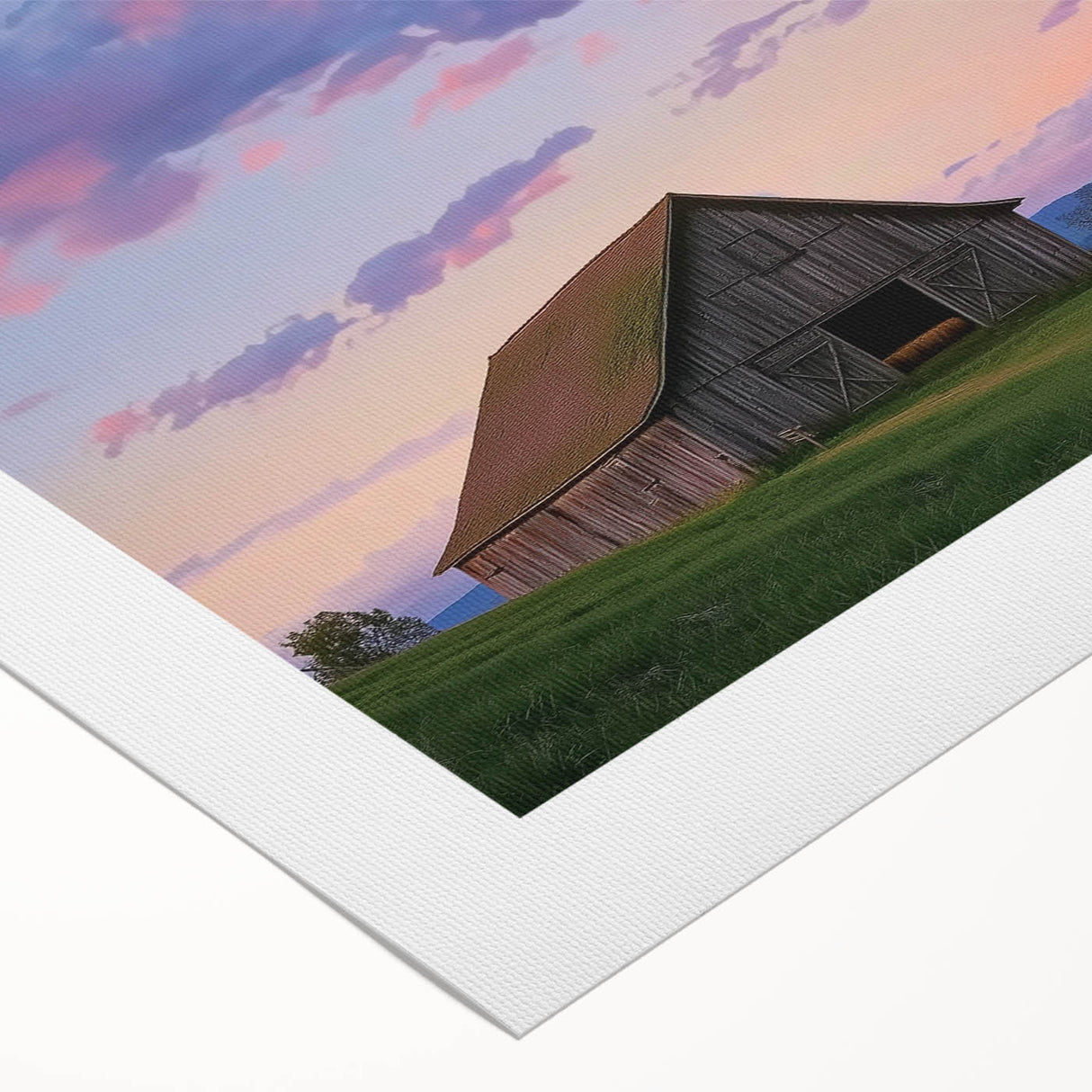 Rolled canvas showcasing a vibrant landscape barn design with rich colors and intricate details, carefully packaged in a durable cardboard tube for safe delivery. Perfect for home decor enthusiasts seeking unique art pieces.