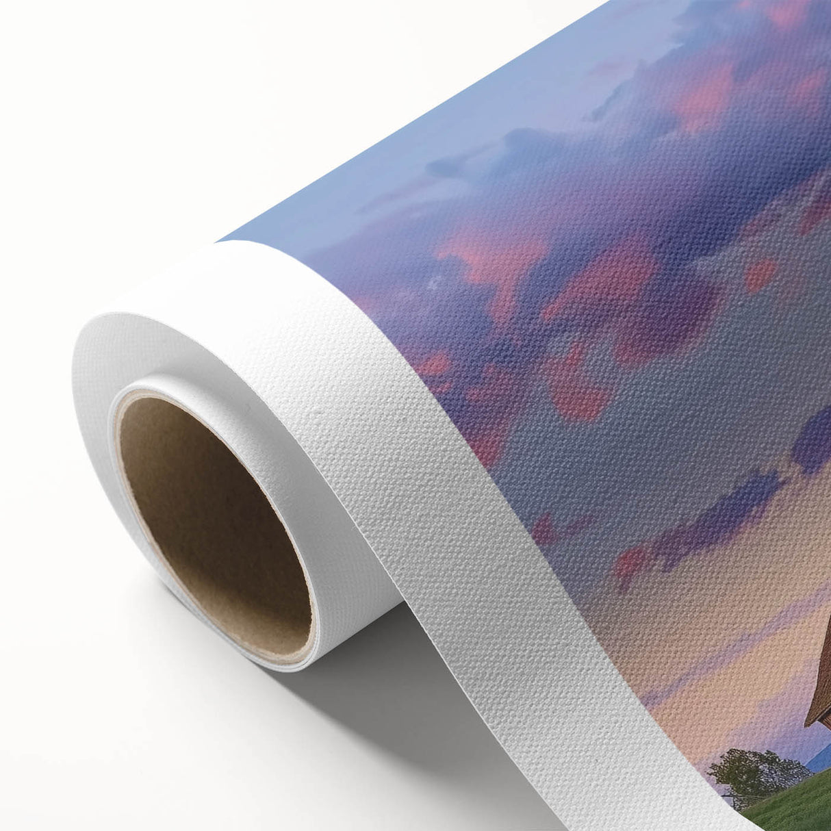 Rolled landscape barn canvas art showcasing rustic charm with vibrant colors and detailed textures, packaged securely in a protective cardboard tube for easy transport.