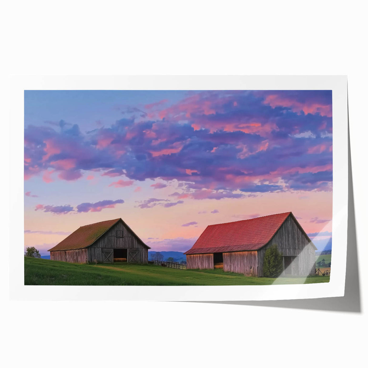 Landscape barn print showcasing a serene rural scene with vibrant colors, rolled up for shipping in a protective cardboard tube, ideal for home decor.