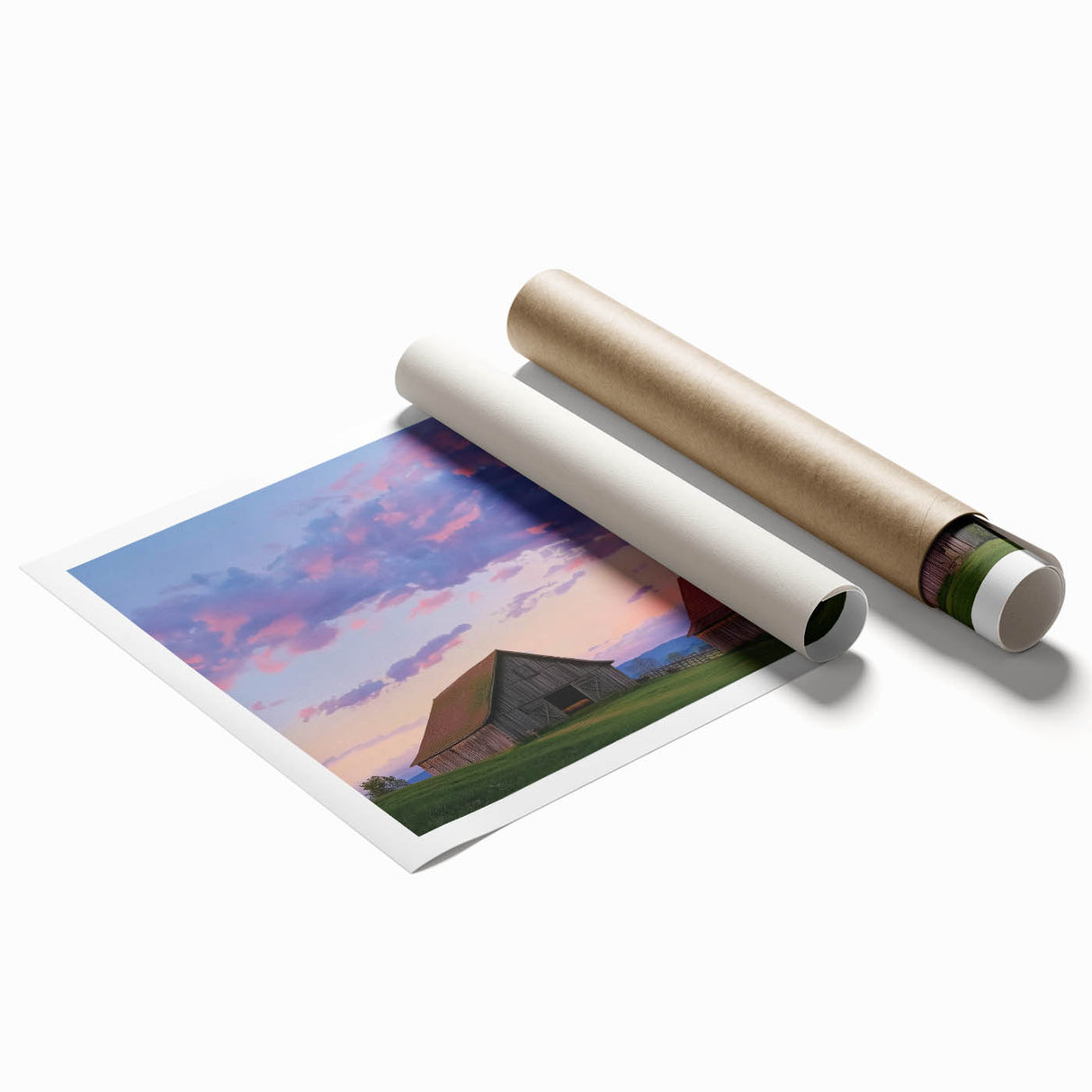 Landscape barn rolled print showcasing a rustic farm scene with vibrant colors, expertly crafted on canvas and securely rolled for shipping in a protective tube.