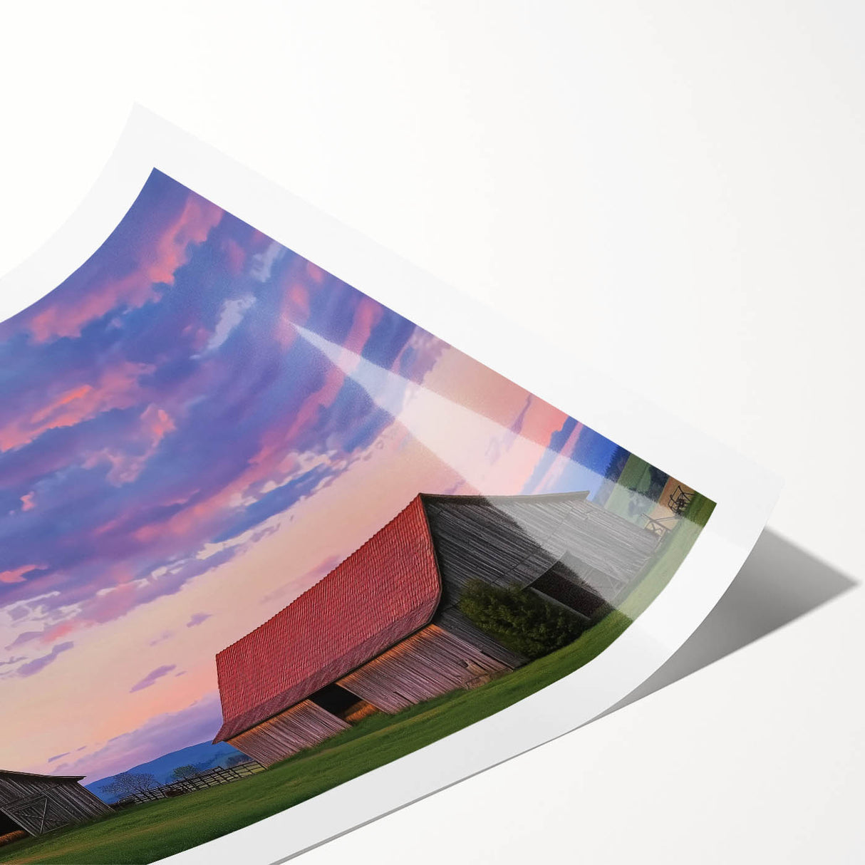 Barn landscape rolled canvas print showcasing vibrant green fields and a rustic red barn under a bright blue sky, elegantly packaged in a protective cardboard tube.
