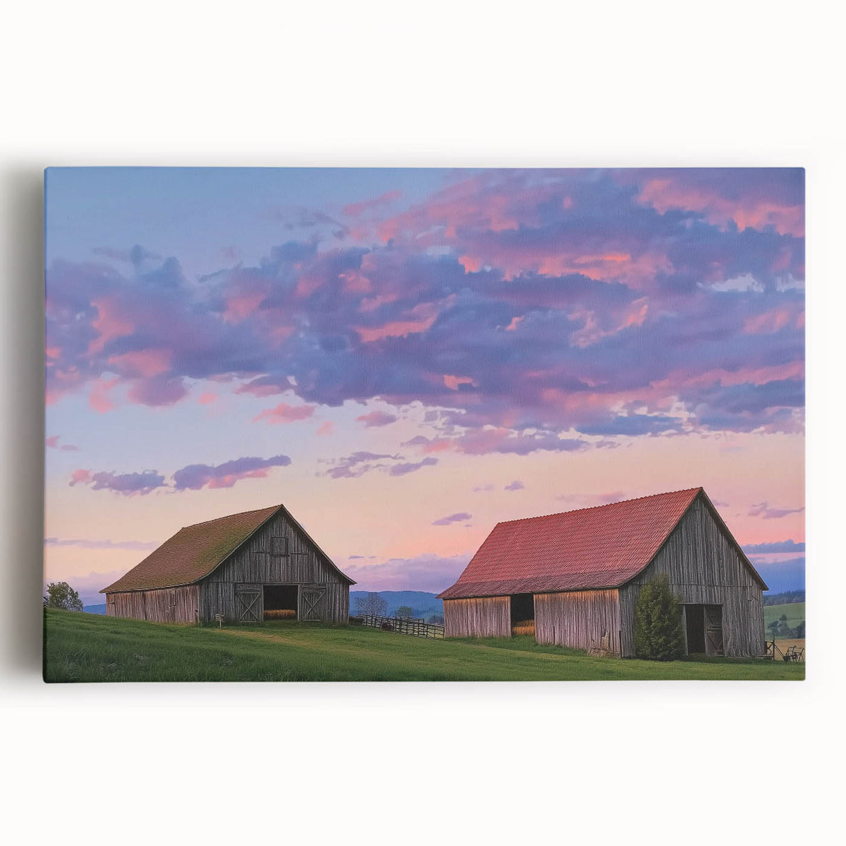 Stretched canvas print showcasing a vibrant landscape scene of a rustic barn under a bright blue sky, ideal for farmhouse decor and rustic home aesthetics.