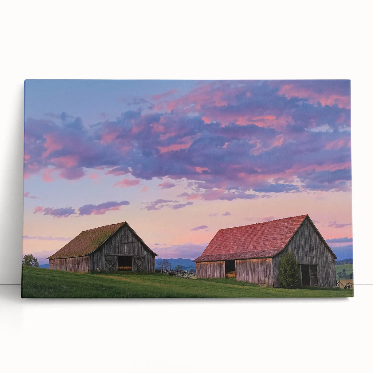 Stretched canvas artwork depicting a serene landscape with a rustic barn, showcasing warm earth tones and lush greenery, perfect for home decor.