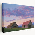 Stretched canvas artwork depicting a serene landscape with a rustic barn, vibrant green fields, and a clear blue sky, perfect for home decor enthusiasts.