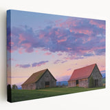 Stretched canvas artwork depicting a serene landscape with a rustic barn, vibrant green fields, and a clear blue sky, perfect for home decor enthusiasts.