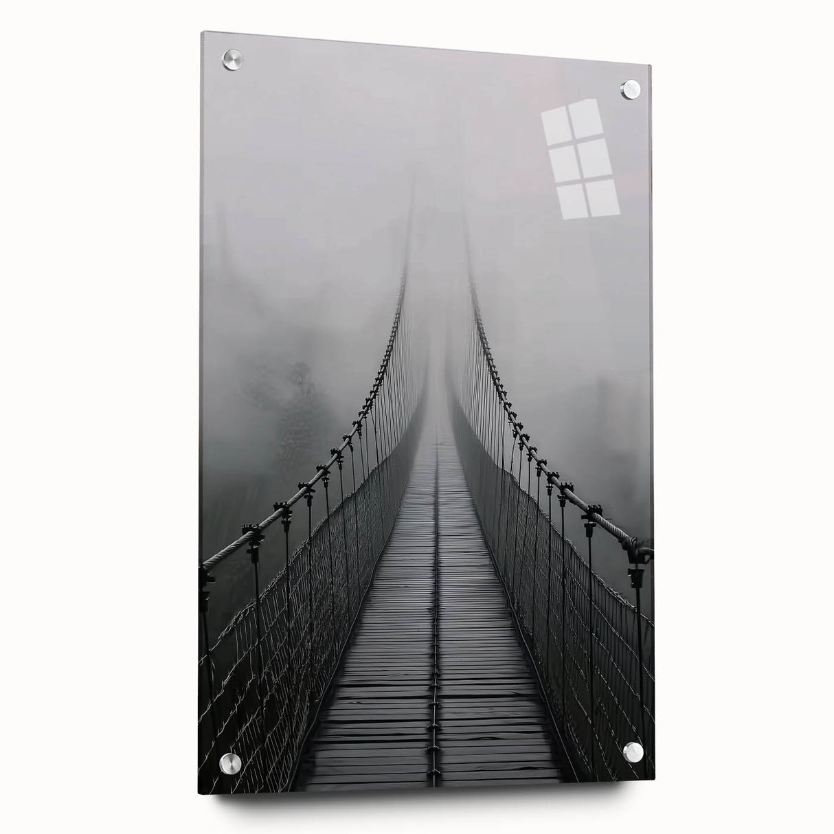 Acrylic glass landscape bridge design showcasing vibrant colors and intricate details, viewed from the side and secured with stylish pins, ideal for modern decor.