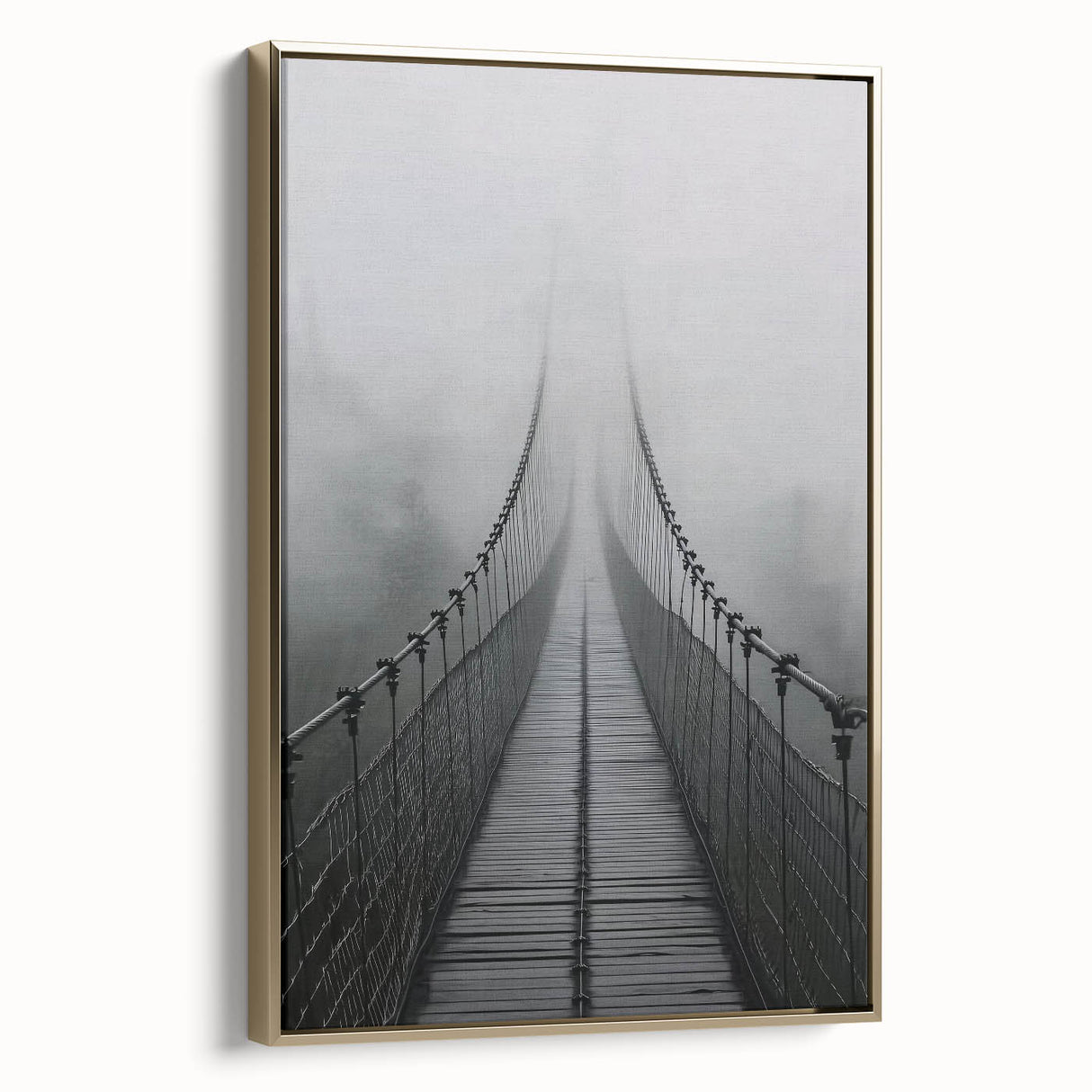 Framed canvas artwork showcasing a stunning landscape bridge design with gold accents, set against a serene backdrop, perfect for home decor enthusiasts.