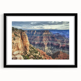 Framed landscape artwork showcasing stunning canyons in vibrant colors, featuring a sleek black mat and frame, ideal for enhancing modern home decor.