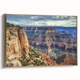Framed canvas artwork depicting a stunning landscape of canyons with golden accents, showcasing depth and texture, perfect for enhancing modern home decor.