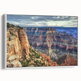 Framed canvas artwork depicting a stunning landscape of canyons, showcasing rich earthy tones and intricate details, perfect for enhancing home decor with nature-inspired aesthetics.