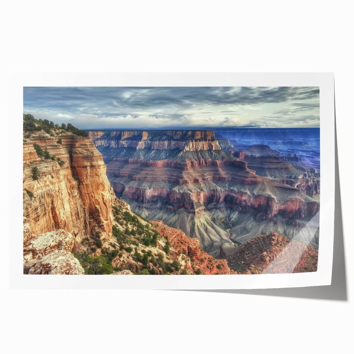 Landscape canvas print showcasing vibrant canyons in warm earth tones, rolled for easy display and shipped in a protective cardboard tube, perfect for home decor.