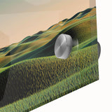 Close-up of a vibrant acrylic landscape artwork depicting a serene countryside scene with lush greenery and a clear blue sky, ideal for home decor.