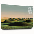 Acrylic glass print showcasing a serene countryside landscape, featuring rolling hills, lush greenery, and a clear blue sky, elegantly displayed with decorative pins.