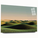 Acrylic glass artwork depicting serene countryside landscapes, showcasing vibrant greens and blues, framed elegantly without pins, perfect for home decor.