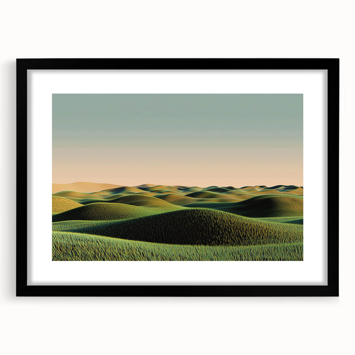 Black-framed landscape artwork showcasing a serene countryside scene, featuring vibrant green fields and a clear blue sky, perfect for home decor.