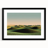 Black-framed landscape artwork showcasing a serene countryside scene, featuring vibrant green fields and a clear blue sky, perfect for home decor.