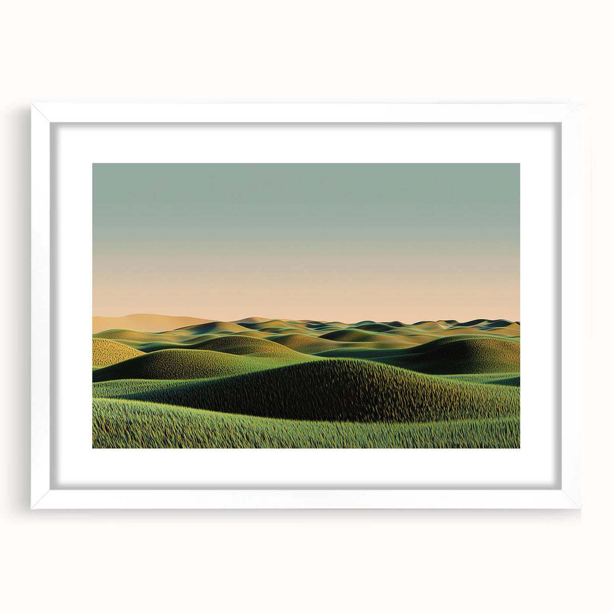 Framed landscape artwork showcasing a serene countryside scene, featuring vibrant green fields and a clear blue sky, presented in a sleek white frame with a mat for added elegance.