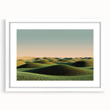 Framed landscape artwork showcasing a serene countryside scene, featuring vibrant green fields and a clear blue sky, presented in a sleek white frame with a mat for added elegance.