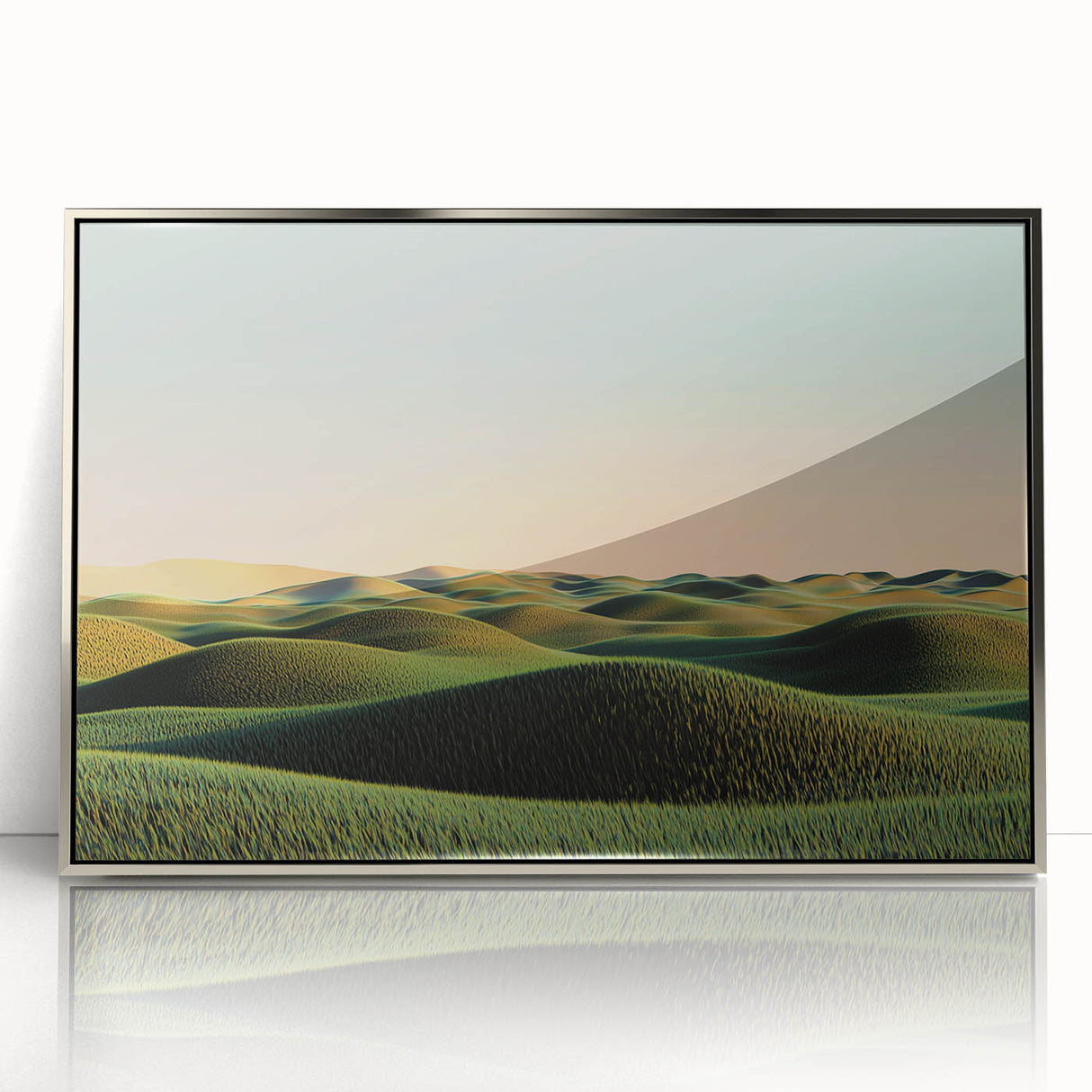 Framed acrylic artwork showcasing a serene countryside landscape with rolling hills and vibrant greenery, presented in a sleek silver frame, ideal for modern home decor.