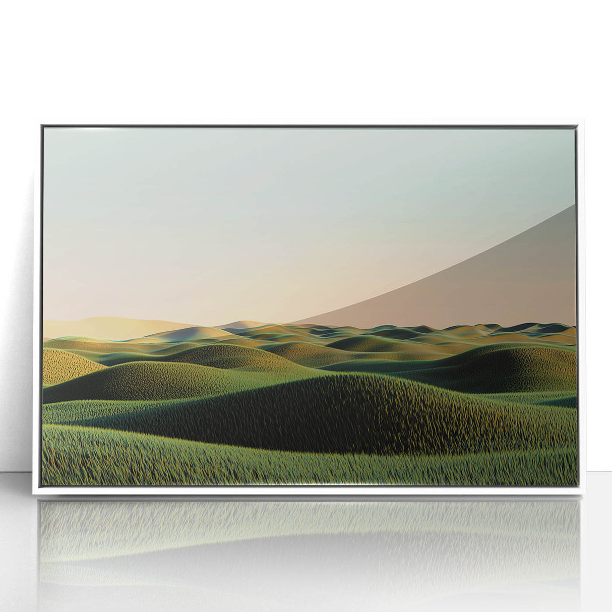 Framed acrylic landscape artwork showcasing a serene countryside scene with vibrant greens and blues, set in a sleek white frame for a modern aesthetic. Perfect for enhancing home decor.