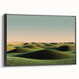 Framed canvas artwork depicting a serene countryside landscape with lush green fields and a clear blue sky, enhanced by a sleek black frame, perfect for home decor.