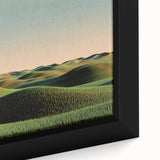 Framed canvas close-up showcasing a vibrant countryside landscape with lush green fields and a serene blue sky, perfect for enhancing home decor with nature's beauty.
