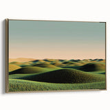 Framed canvas artwork showcasing a serene countryside landscape with vibrant green fields and golden accents, ideal for home decor and art enthusiasts.