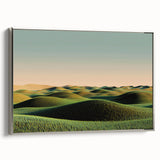 Framed canvas artwork showcasing a serene countryside landscape, featuring lush green fields and a soft blue sky, with a silver frame adding a touch of elegance. Ideal for home decor and nature enthusiasts.