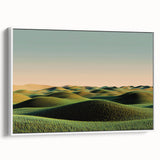 Framed canvas artwork depicting serene countryside landscapes with vibrant greens and blues, showcased from a side view against a white background. Ideal for home decor enthusiasts.