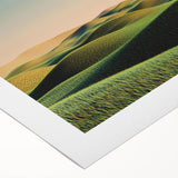 Rolled canvas artwork depicting a serene countryside landscape, showcasing vibrant greens and soft blues, elegantly packaged in a protective cardboard tube for safe delivery.