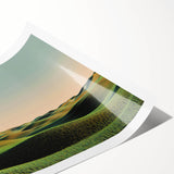 Vibrant landscape print showcasing a serene countryside scene with rolling hills and a clear blue sky, rolled up for easy transport and display. Ideal for home decor.
