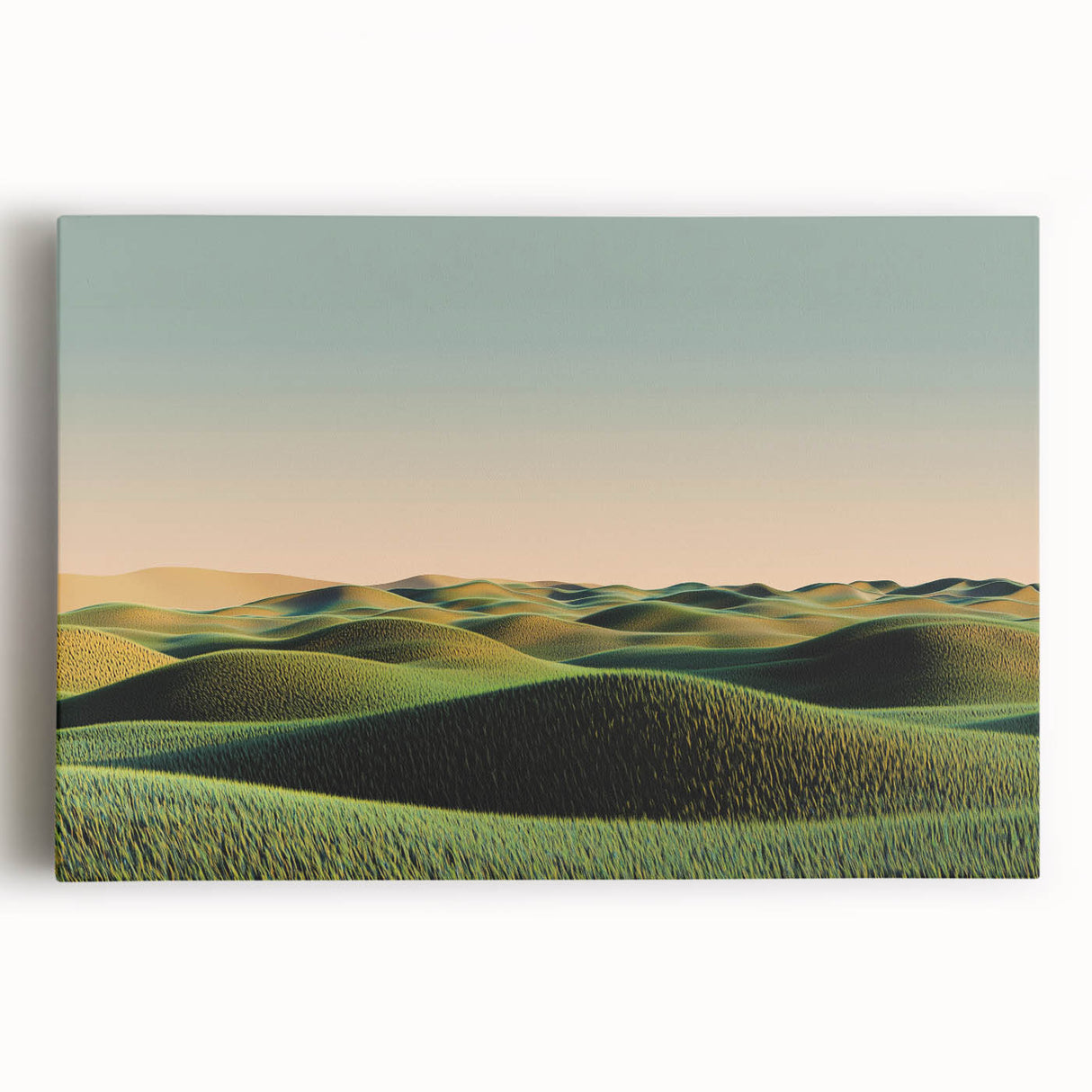 Stretched canvas artwork depicting a serene countryside landscape, showcasing rolling hills, vibrant greenery, and a clear blue sky, perfect for home decor.