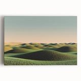 Stretched canvas artwork depicting a serene countryside landscape, showcasing rolling hills, vibrant greenery, and a clear blue sky, perfect for home decor.
