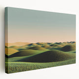 Stretched canvas artwork showcasing a scenic countryside landscape in vibrant colors, highlighting rolling hills and a serene sky, perfect for home decor.