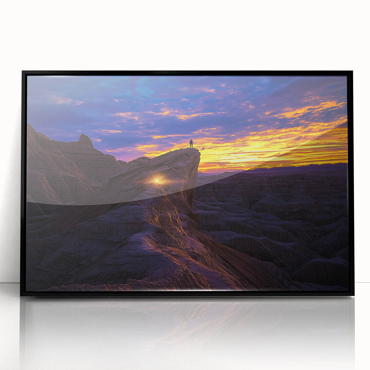 Framed acrylic artwork showcasing a vibrant desert landscape with striking colors and details, presented in a sleek black frame, perfect for modern decor.