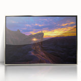 Framed acrylic landscape artwork depicting a serene desert scene with soft hues of orange and blue, designed to enhance modern home decor. Ideal for art enthusiasts.