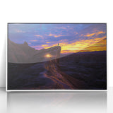 Framed acrylic artwork showcasing a vibrant desert landscape in warm tones of orange and yellow, set in a sleek white frame, perfect for modern home decor.