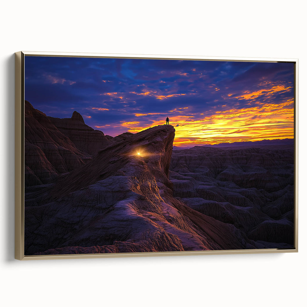 Framed canvas artwork depicting a vibrant desert landscape with golden hues, showcasing intricate details and textures, ideal for modern home decor.