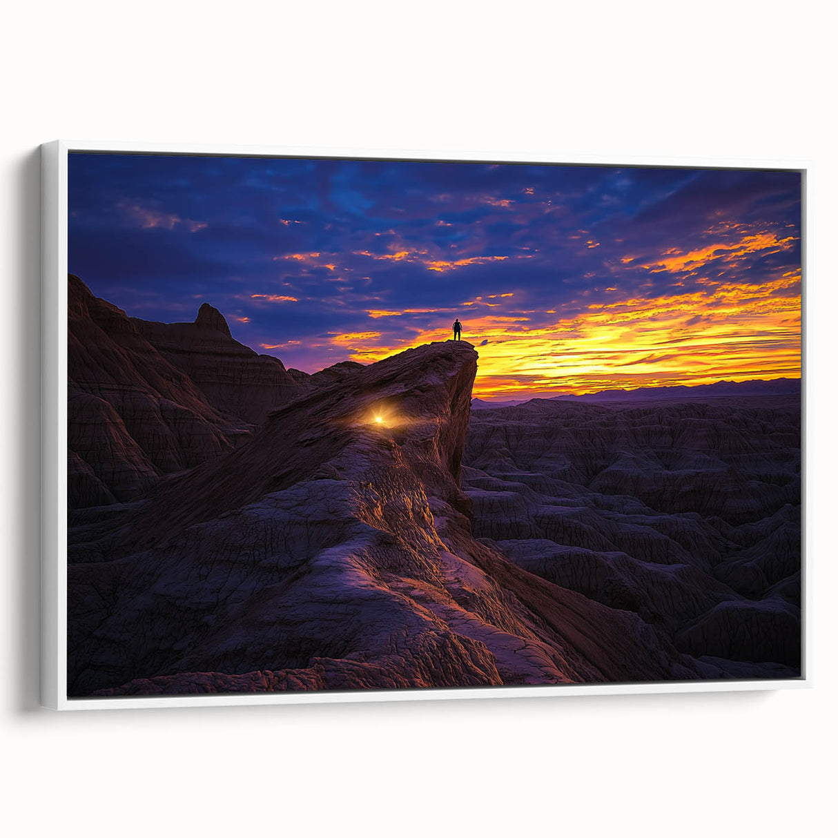 Framed canvas artwork depicting a serene desert landscape with vibrant orange and yellow hues, set against a white frame, ideal for home decor enhancement.