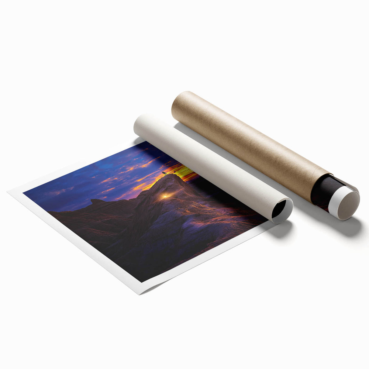 Desert landscape rolled print showcasing vibrant hues of orange and yellow, highlighting the sun setting over sand dunes, beautifully packaged for wall decor.
