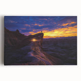 Stretched canvas artwork showcasing a vibrant desert landscape, featuring warm tones of orange and yellow against a clear blue sky, perfect for home decor.
