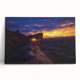 Desert landscape stretched canvas art featuring warm tones of orange and brown, showcasing a serene sunset over sand dunes, perfect for home decor.