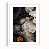 Abstract art print featuring swirling gray and white patterns on a framed canvas, ideal for modern dining room decor.