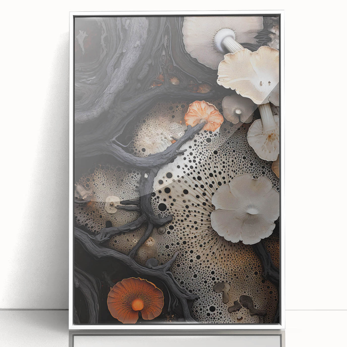 Art deco poster featuring geometric shapes in muted gold and white tones on acrylic, ideal for nursery wall decor.