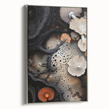 Landscape art painting featuring a close-up of natural elements in muted earth tones on a framed canvas.